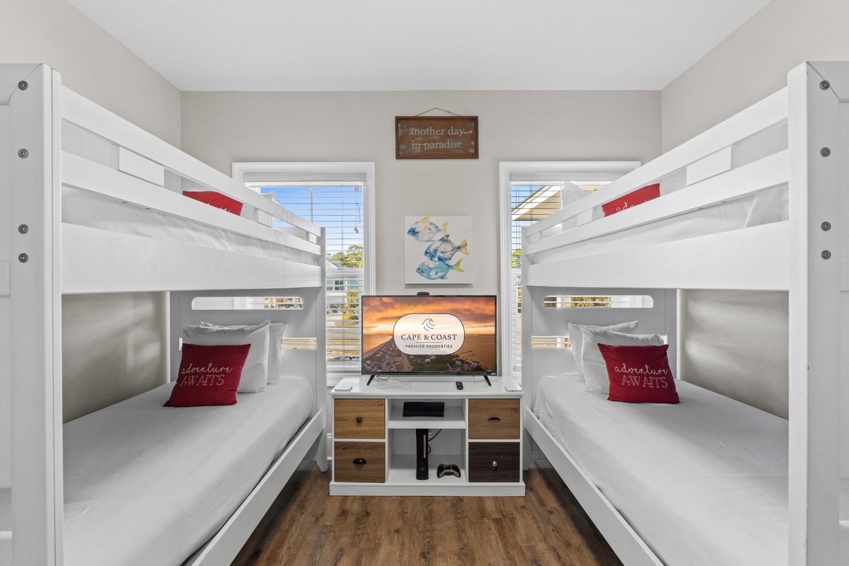 Your kids will love this fun bunk room with comfy beds, their own TV for movie nights, and plenty of space to play together.