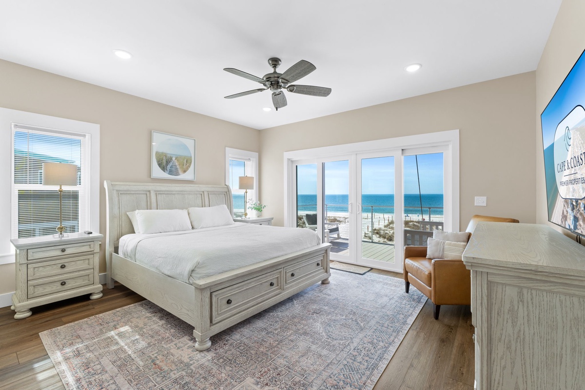 Wake up to breathtaking ocean views from your elegant bedroom, where coastal charm meets modern comfort.