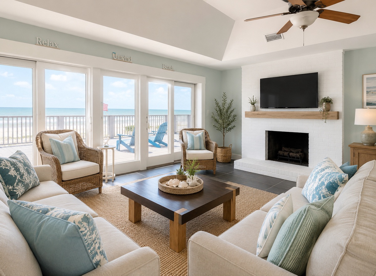 Sink into plush seating while ocean breezes drift through, the fireplace glowing warmly as you unwind with stunning beach views just beyond your balcony.