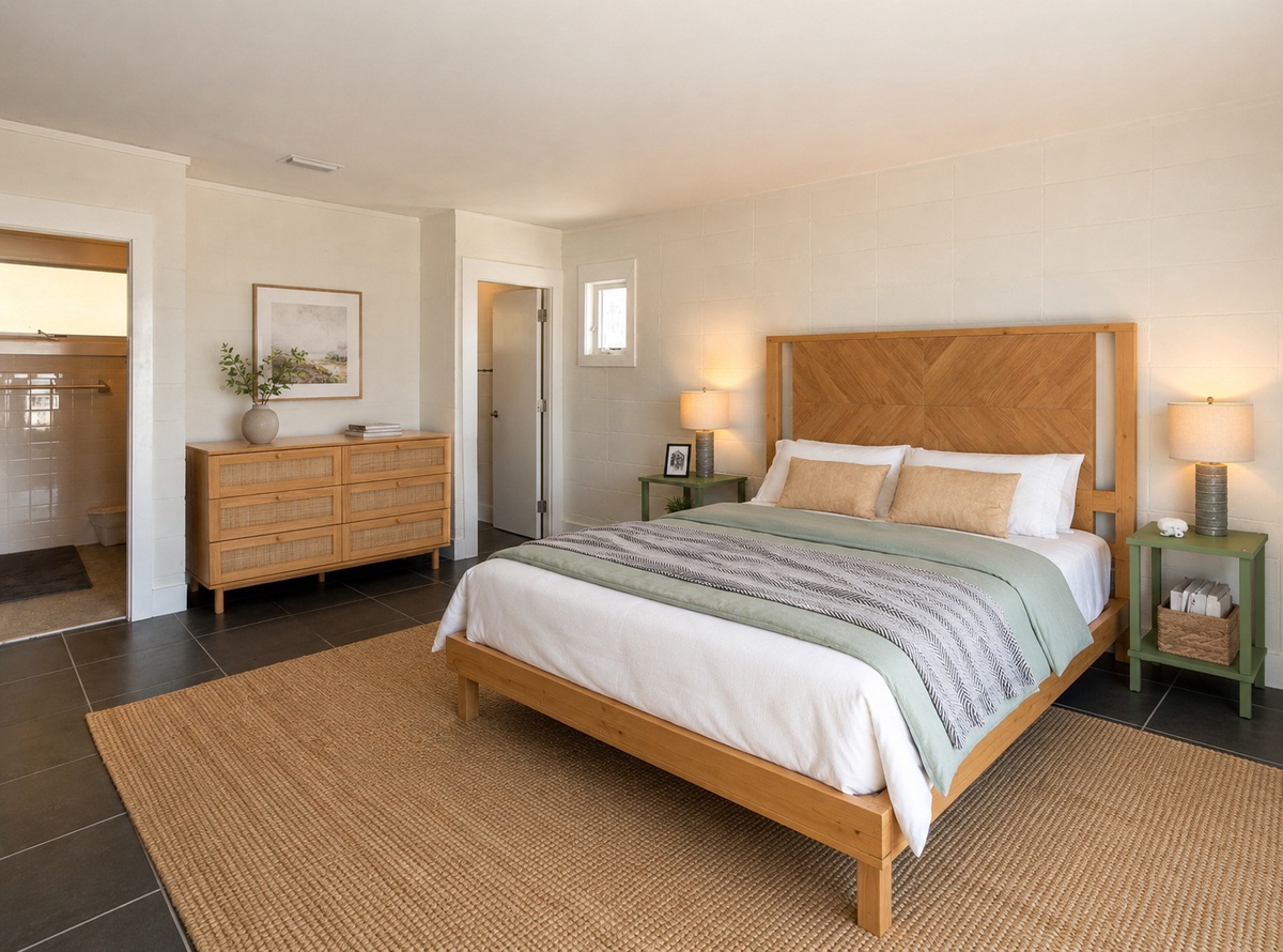 Sink into the plush king bed with crisp linens and coastal-inspired accents. Your private retreat features warm wood tones, soft lighting, and an en-suite bath for ultimate relaxation.