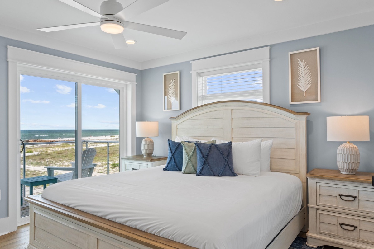 Wake up to sparkling ocean views from your bed and step onto the beach within moments. This serene coastal bedroom welcomes you with soft breezes, soothing colors, and the peaceful rhythm of the waves.