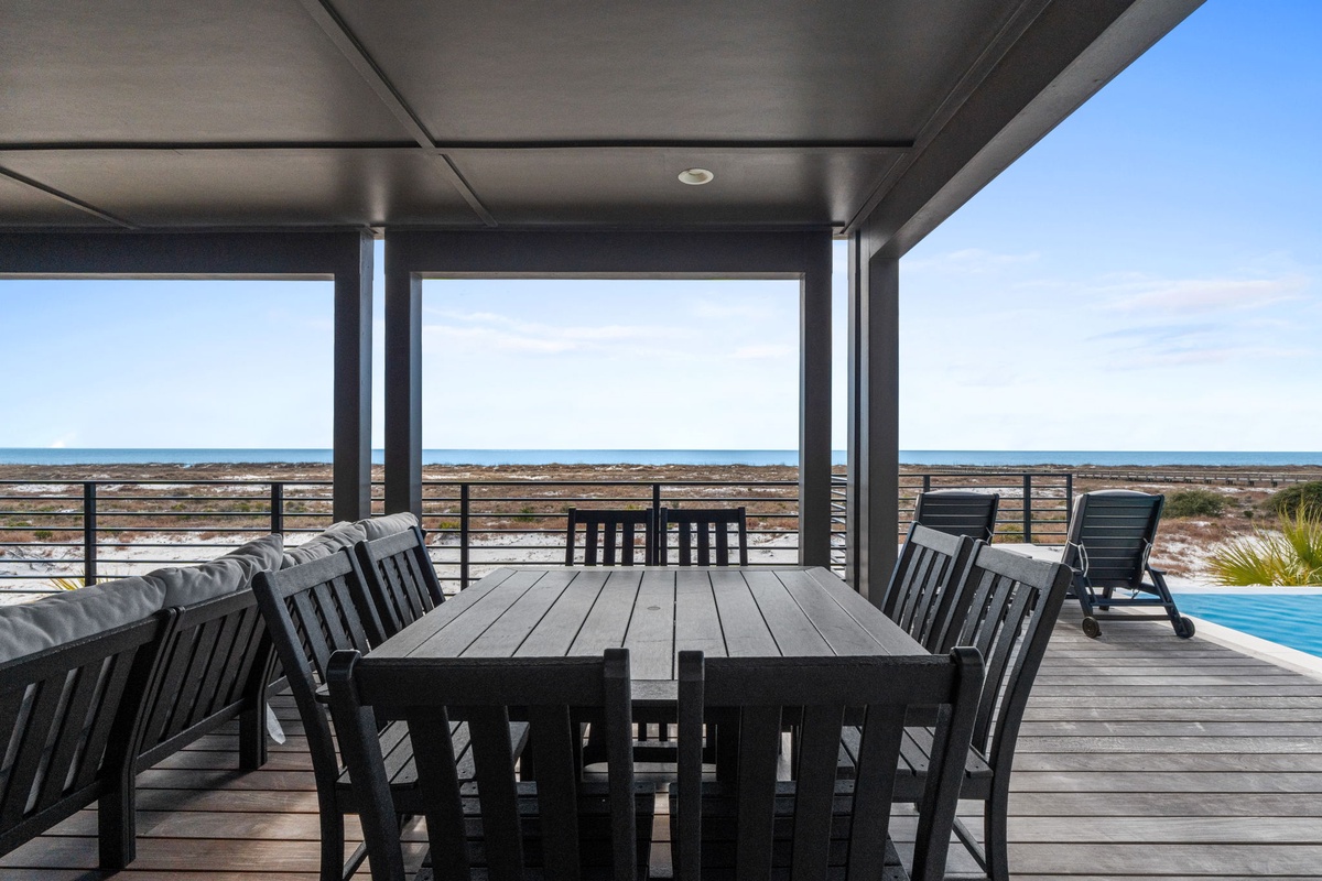 Your covered terrace offers spectacular sea views and comfortable dining for memorable meals with the ocean as your backdrop.