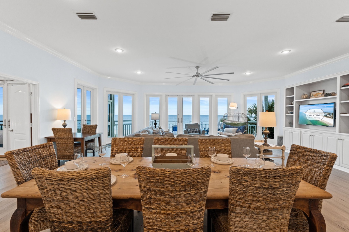 Gather around your spacious dining table for eight while ocean views and natural light create the perfect backdrop for memorable meals together.