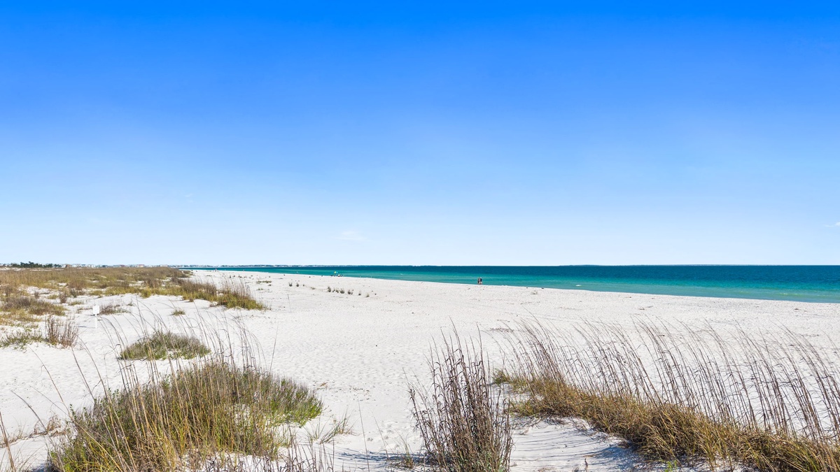 Pristine white sand beach stretches along turquoise waters under clear blue skies, with natural dunes and sea grass creating a peaceful coastal setting.