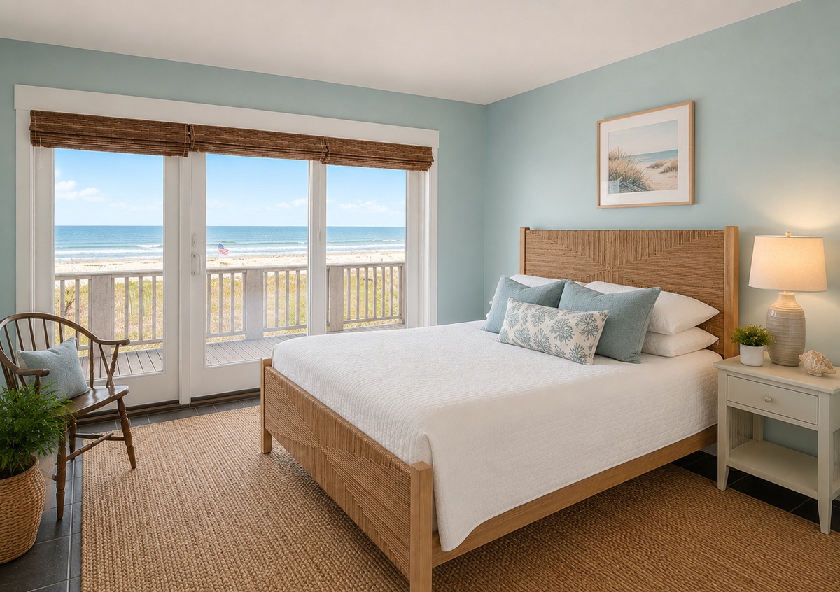Drift off to the soothing sound of waves in your coastal bedroom, where soft sea-breeze hues and a rattan bed frame create a tranquil, beachy retreat steps from the shore.