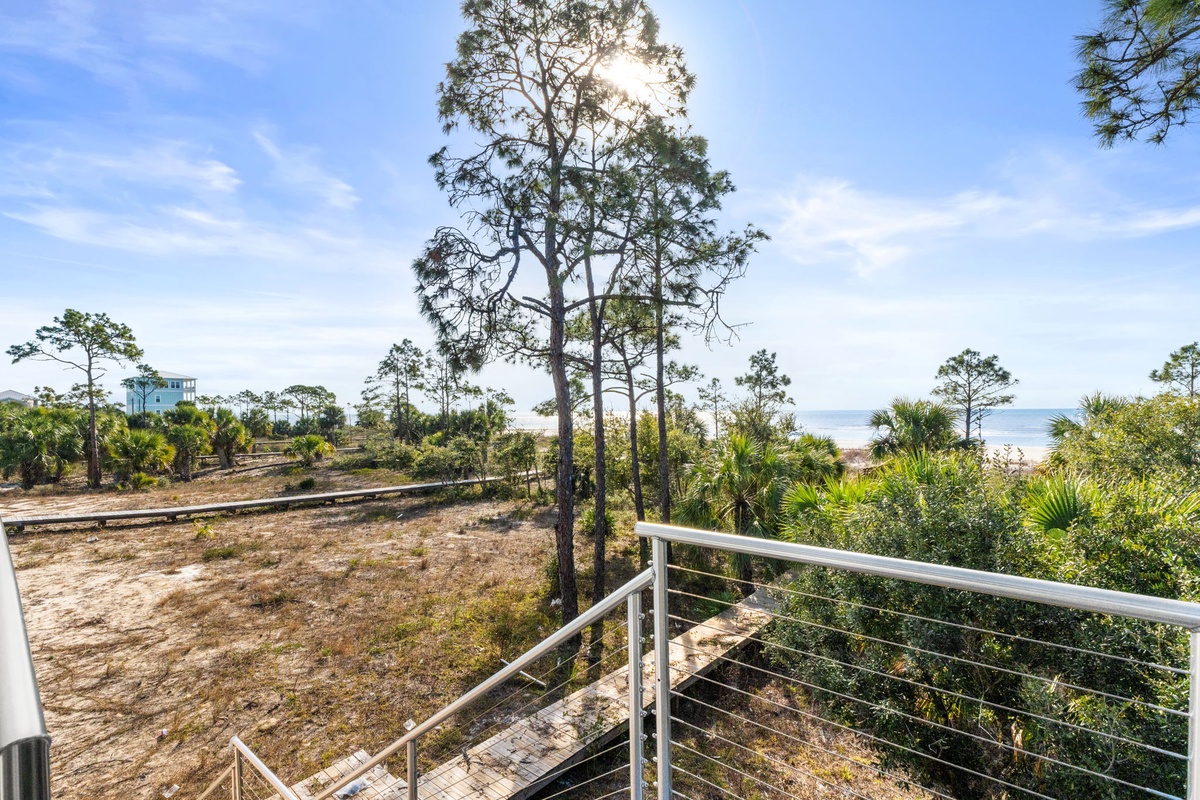 Elevated balcony overlooks coastal landscape with towering pines and beach beyond, perfect for morning coffee with ocean breezes.