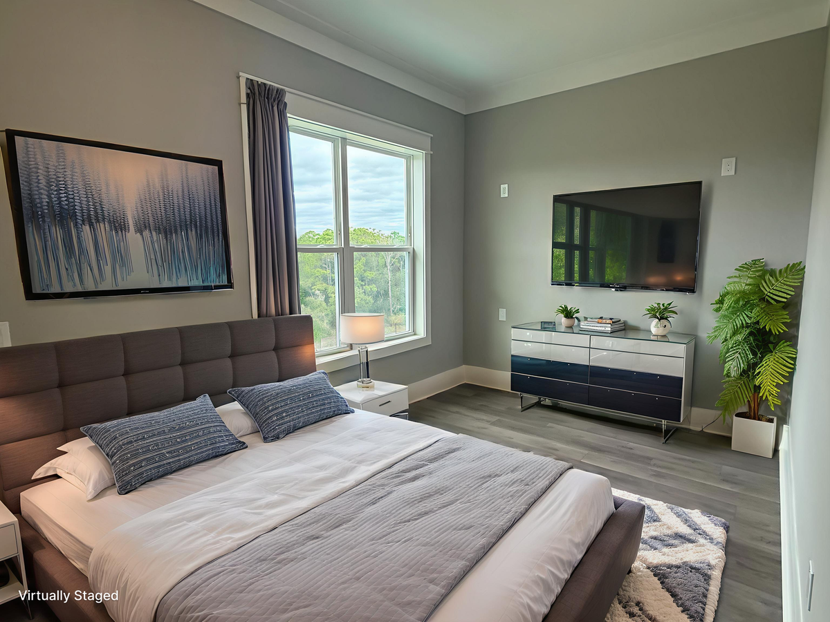 Drift off in your modern bedroom with plush bedding, natural light, and contemporary touches that create the perfect retreat.