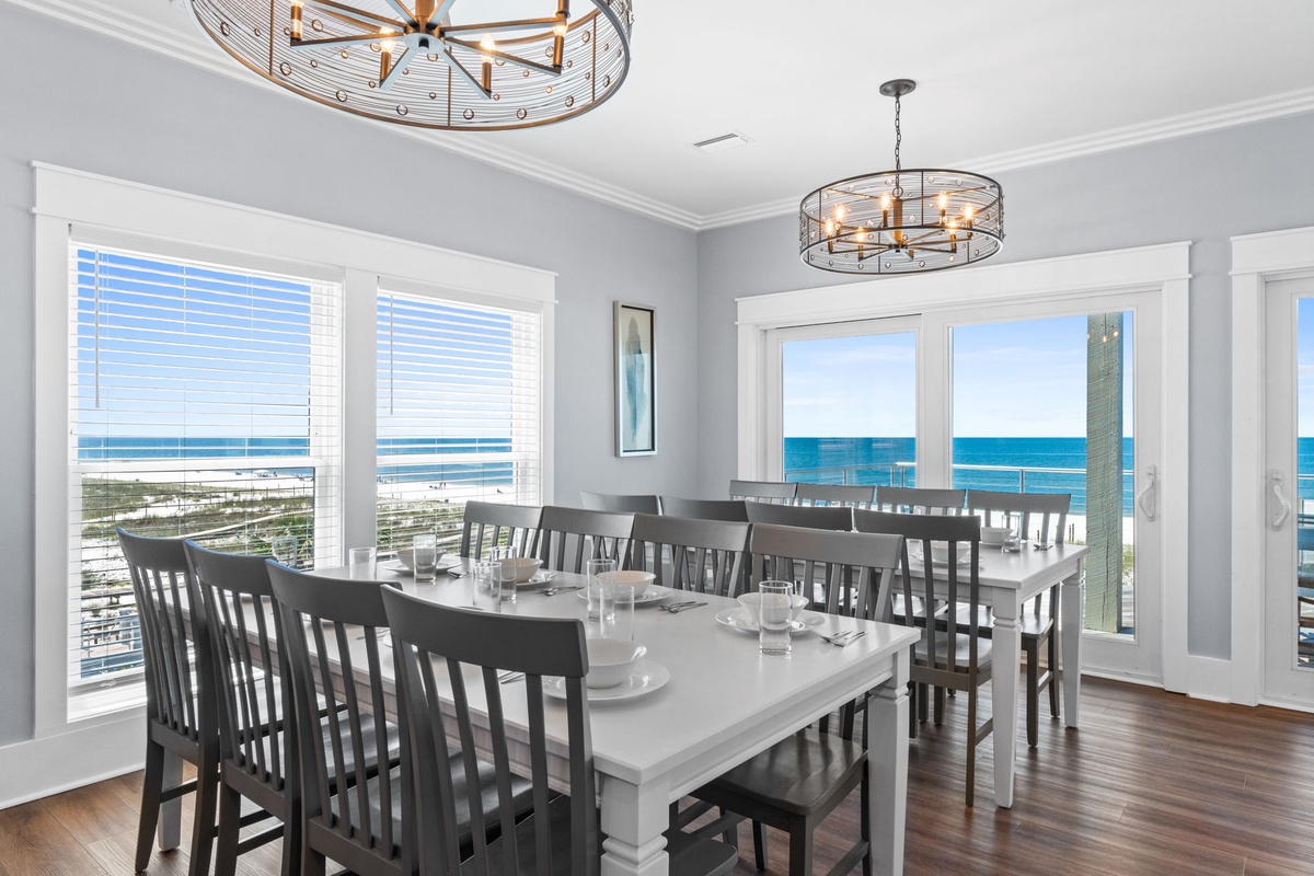 Picture yourself at this elegant dining table, turquoise ocean waves just beyond the windows, soft coastal light filling the space as you gather for meals with loved ones in complete serenity.