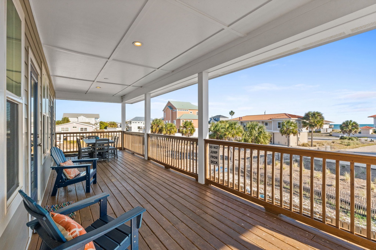 Your spacious covered deck offers relaxing seating and beautiful coastal views, perfect for morning coffee or evening unwinding.