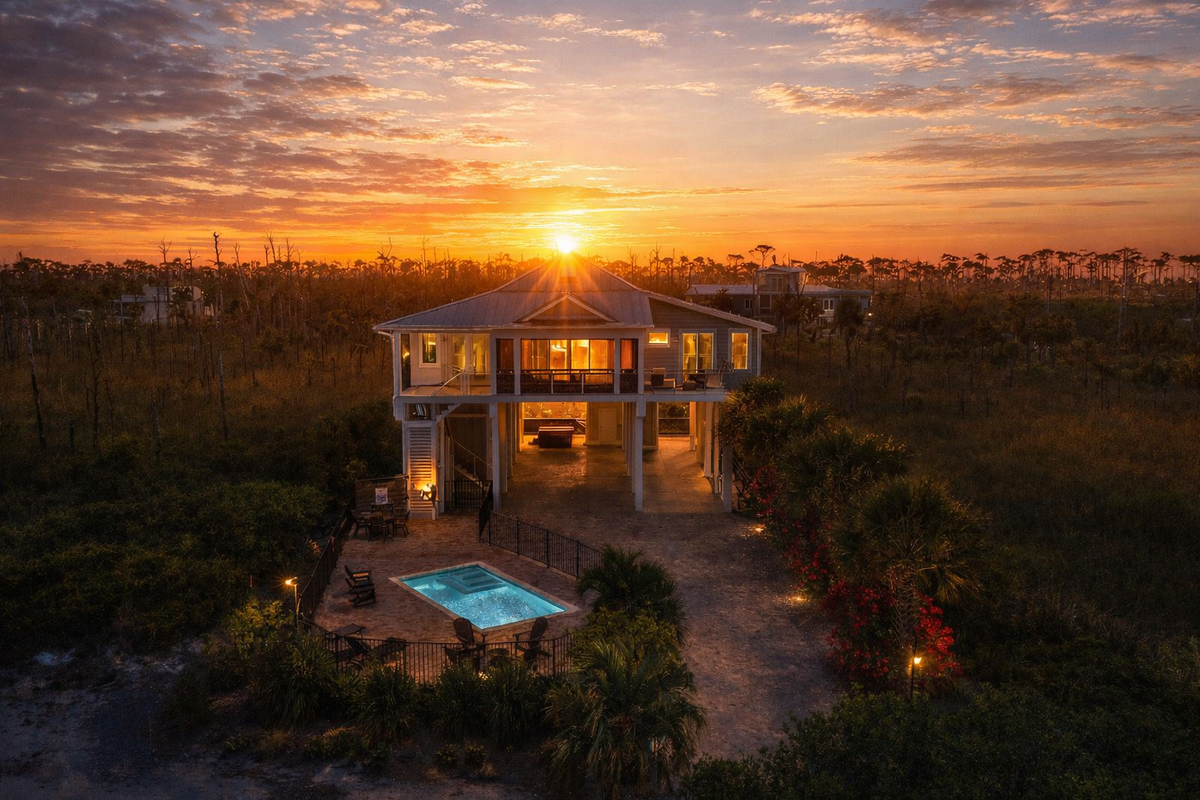 Coastal sunrise with pool and marsh