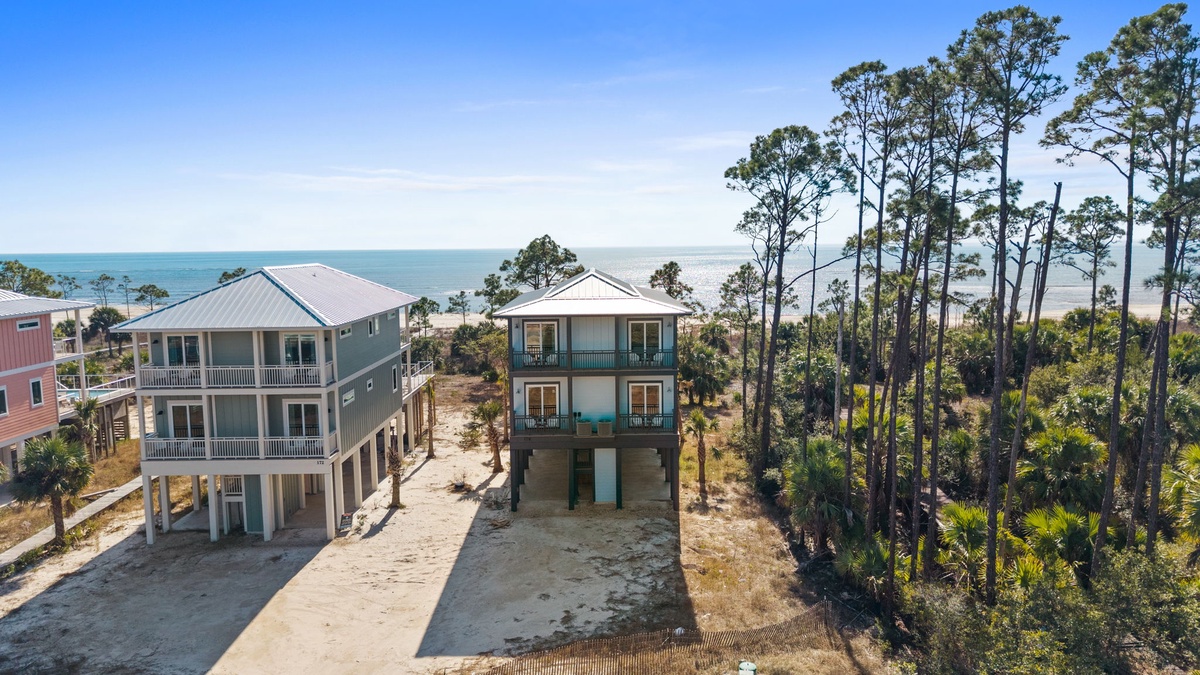 Elevated coastal property featuring modern beach houses nestled among towering pines with pristine sandy beach and Gulf waters nearby.