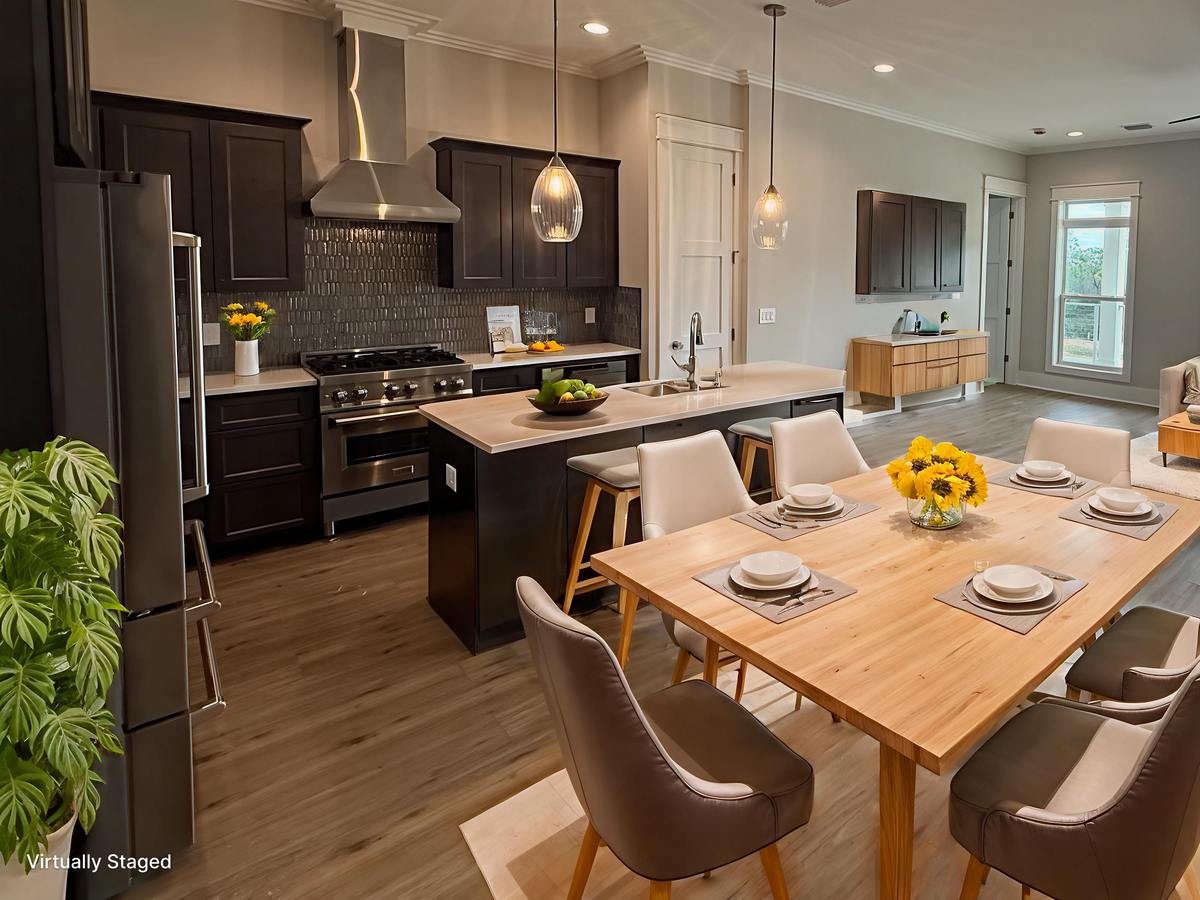Your spacious kitchen flows seamlessly into the dining area, perfect for cooking together and sharing memorable meals around the elegant wood table.