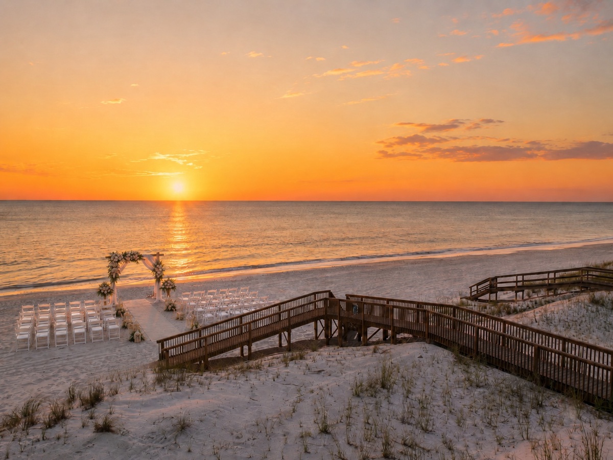 A breathtaking beachside wedding setup awaits as the sun dips below the horizon, painting the sky in golden and coral hues over the shimmering ocean.