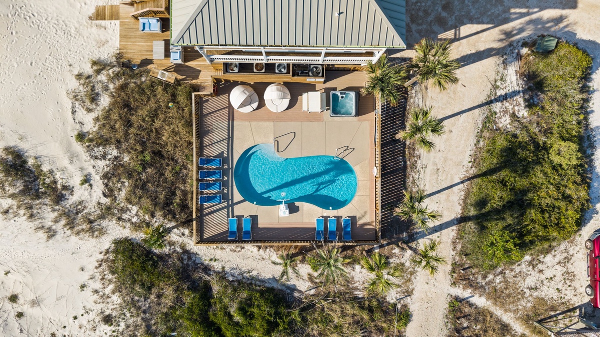 Aerial view of a luxury beachfront villa featuring a stunning kidney-shaped pool surrounded by tropical palms and pristine sandy landscape.