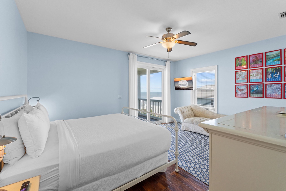 Wake up to coastal breezes and step through your private balcony doors to ocean views. Soft blues and crisp linens create your peaceful retreat by the sea.