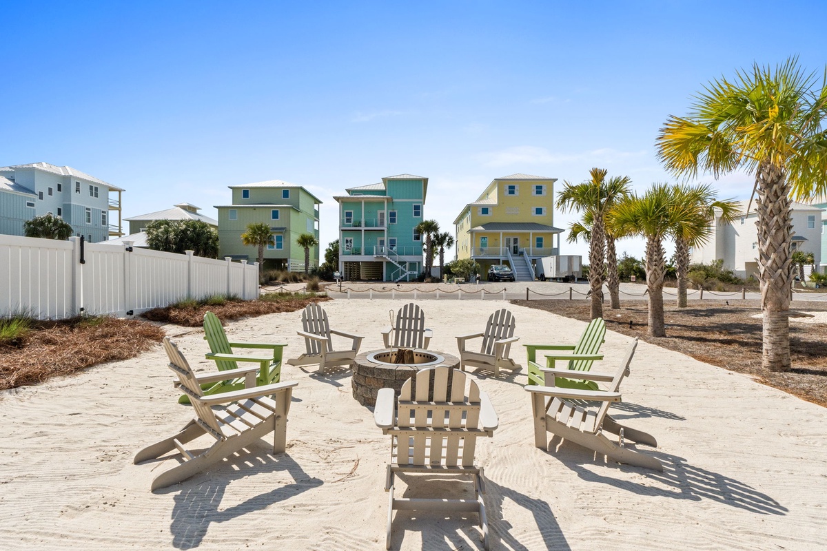 Colorful beachfront vacation homes create a vibrant coastal neighborhood backdrop for relaxing getaways.