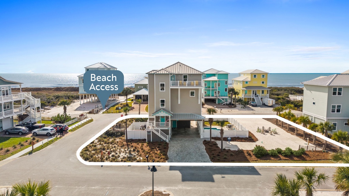 Coastal community with beach access and colorful vacation homes just steps from the ocean.