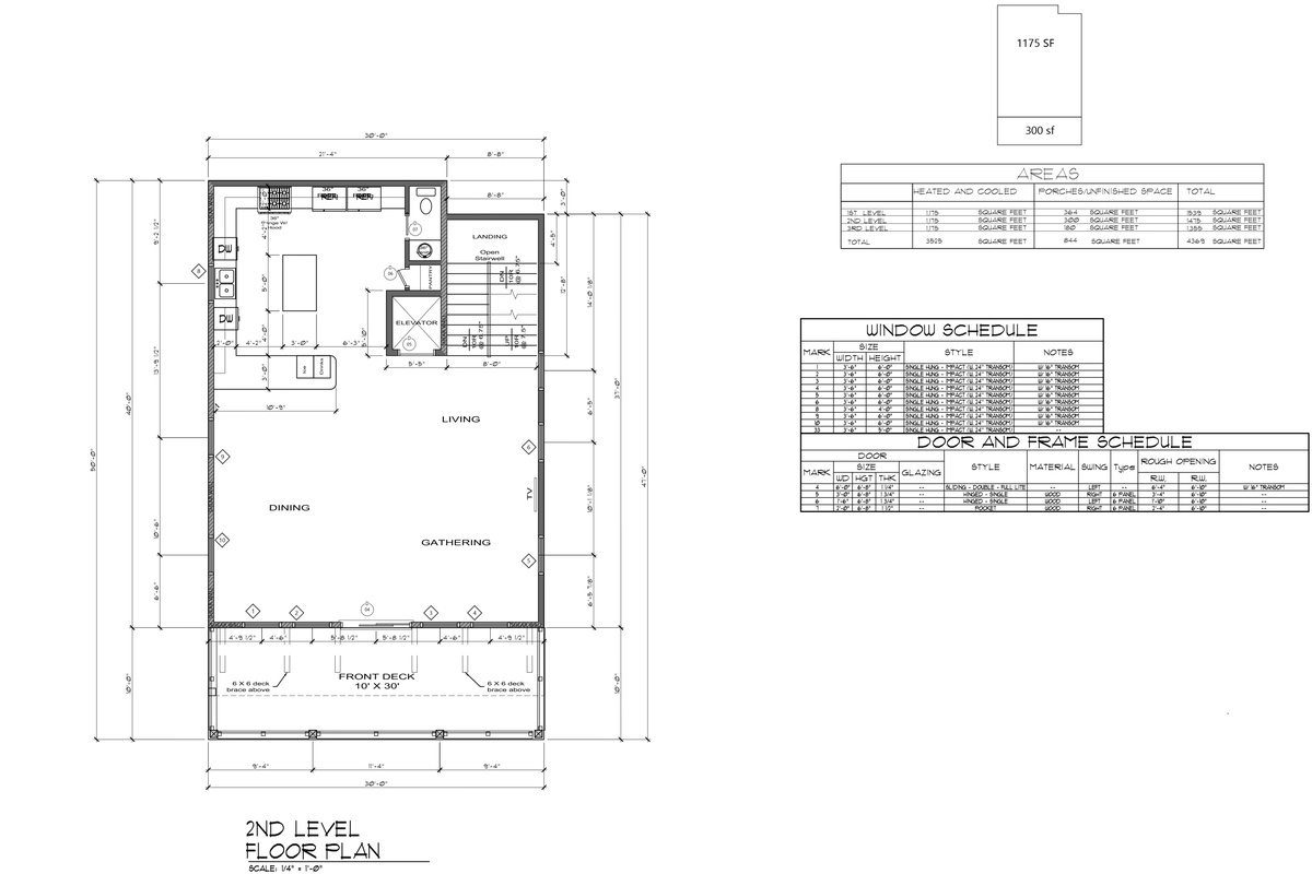 Detailed architectural floor plan showcasing the spacious layout with open-concept living, dining, and kitchen areas plus front deck.