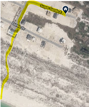 Aerial view of Sugar Sands property location , showing beach access to community boardwalk.