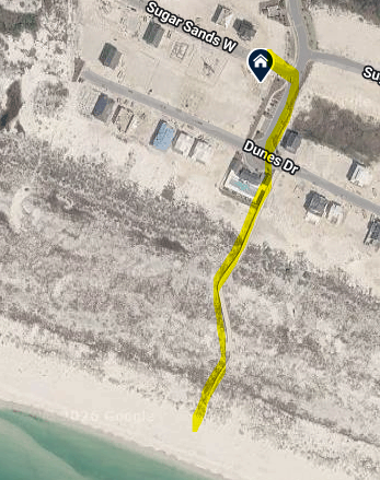 Aerial view showing the property's location with beach acces via community boardwalk.