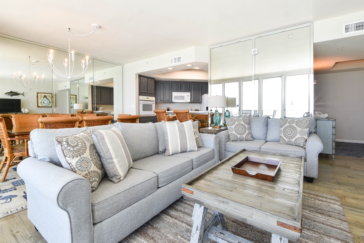 Silver Beach Towers West 703 - Living Area and Kitchen