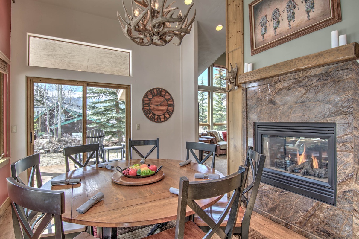 Dining room with double sided fireplace