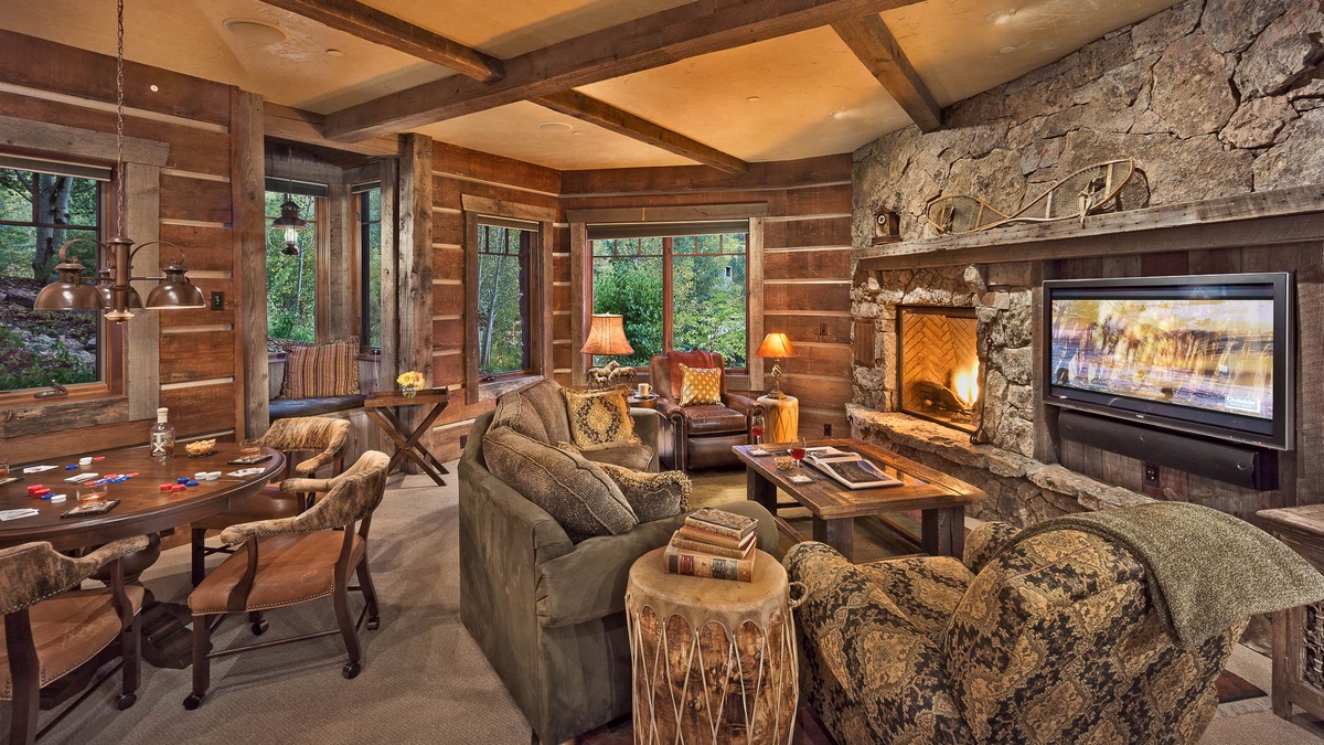 Family room with fireplace, game table, lower level