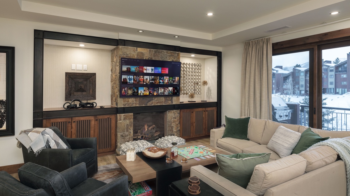 Great Room, Main Level - With fireplace and TV