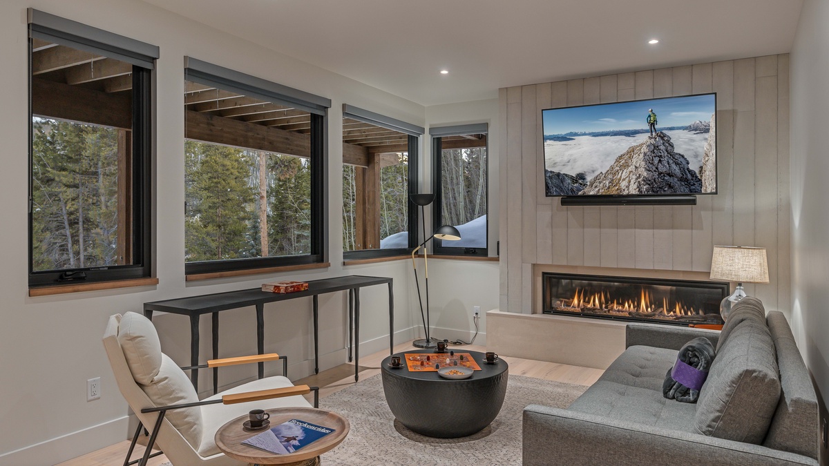 Lower level family room with fireplace, TV, and lower patio access (hot tub coming summer 2024!)