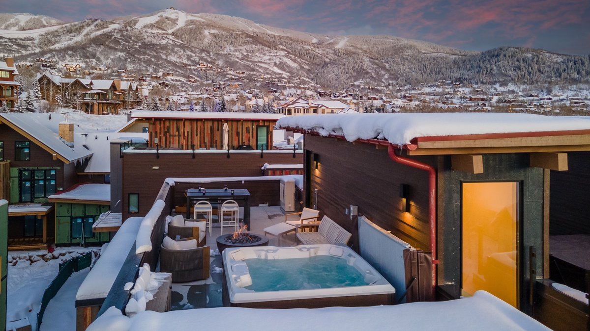 Rooftop Deck, Upper Level - With fire pit, hot tub, and mountain views