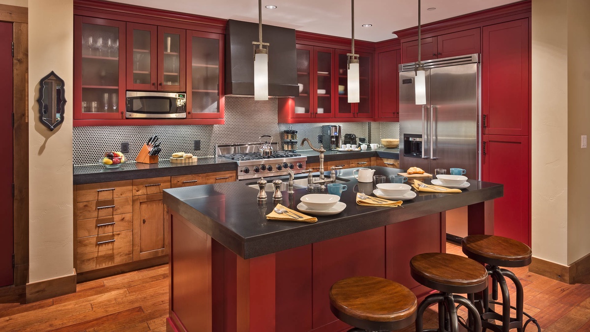 Kitchen, Main Level - Wood cabinetry with bar seating