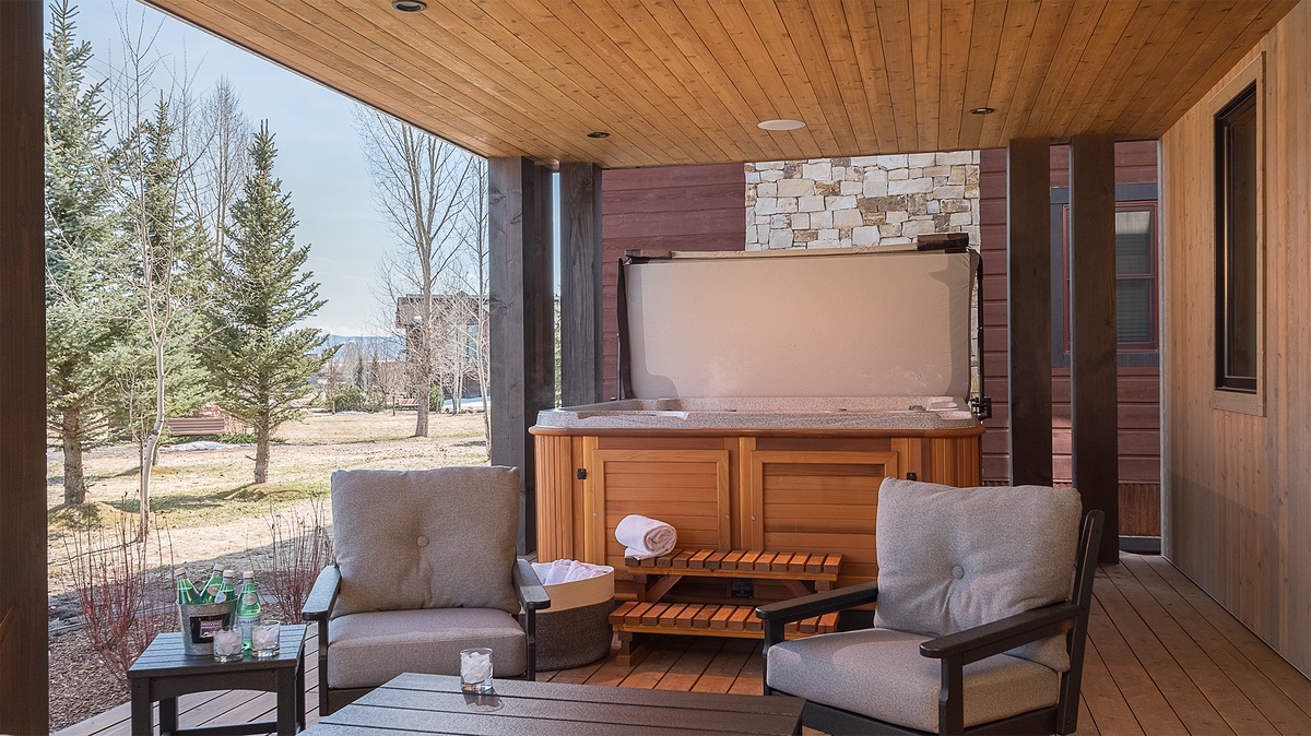 Hot Tub, Main Level Deck - Built-in hot tub on covered deck with seating area