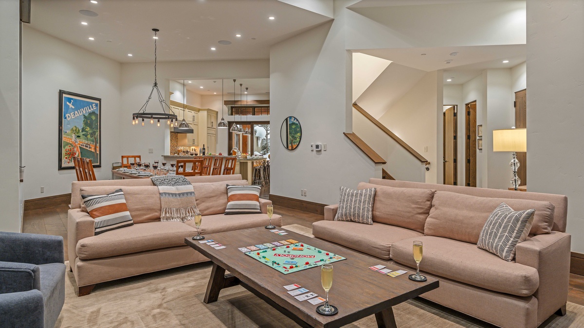 Main level great room looking towards dining area and kitchen
