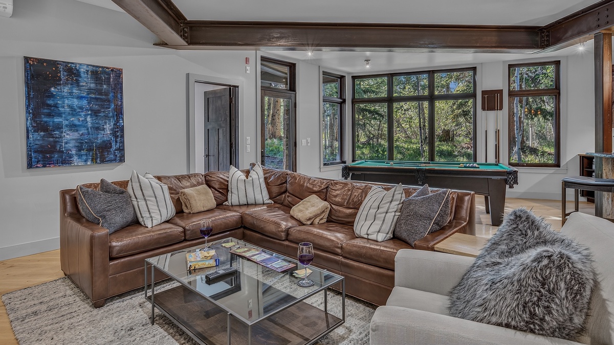 Family Room, Lower Level - Seating area with forest views