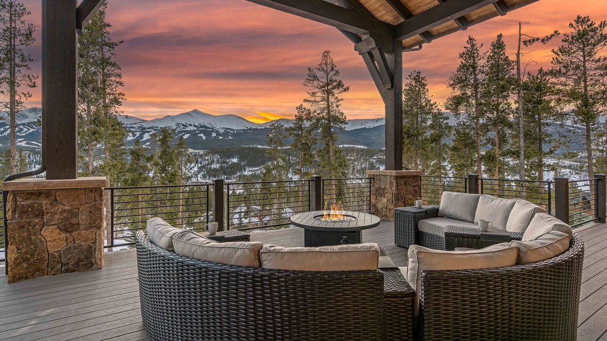 Main level deck with gas firepit, plenty of seating and views of Breckenridge Ski Resort