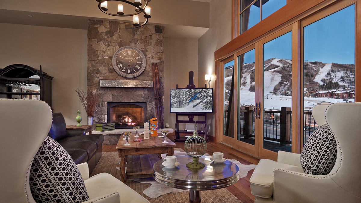 Sunshine Peak great room with fireplace and beautiful views