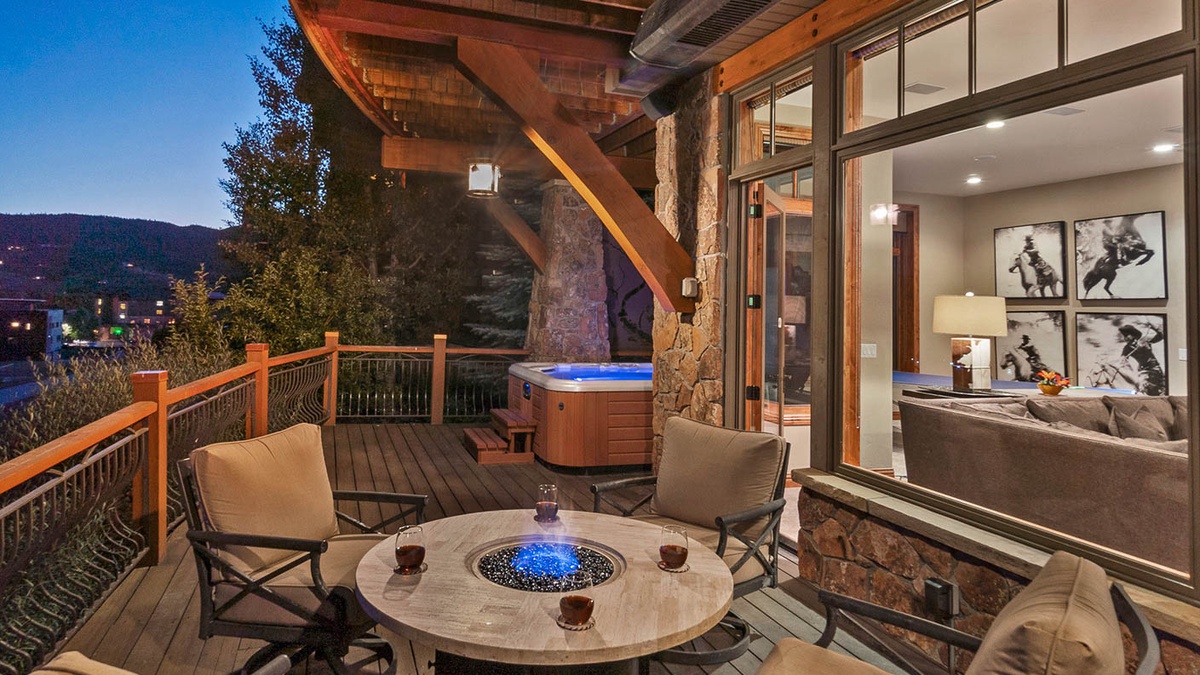 Lower deck with hot tub, firepit