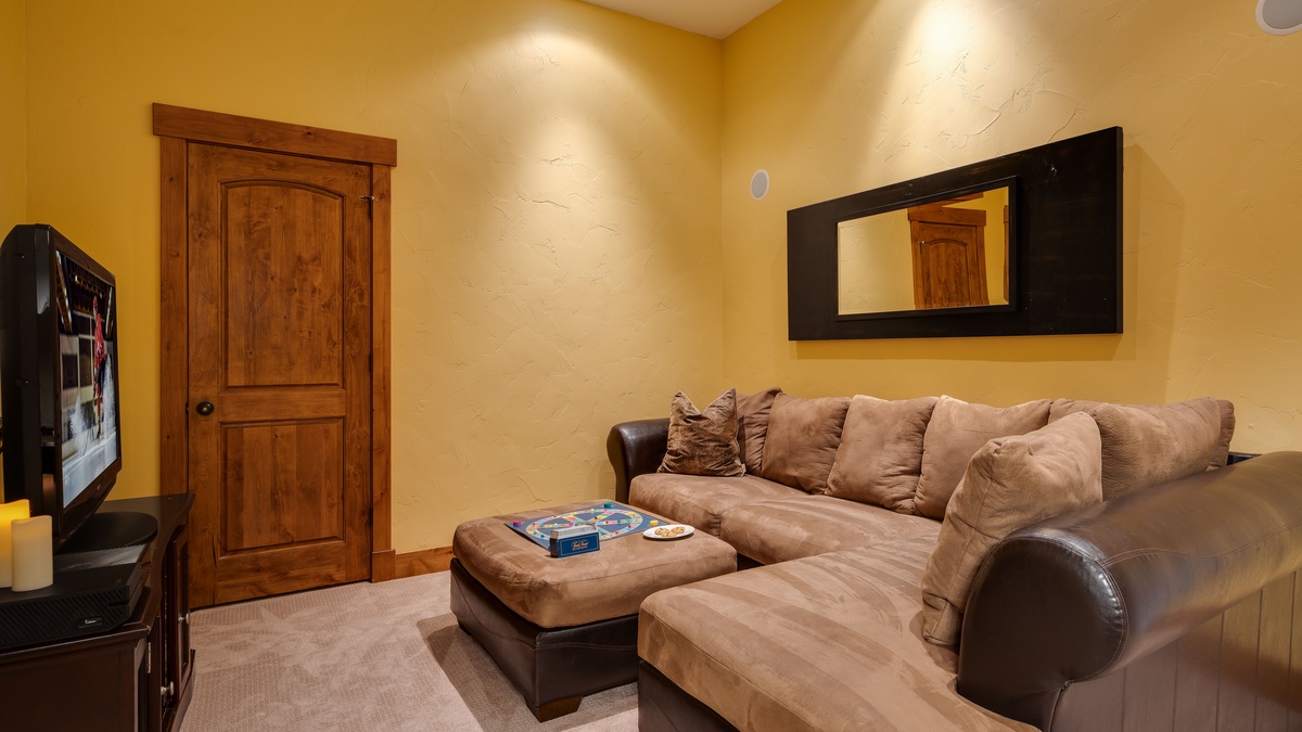 Family room with comfy couches on lower level