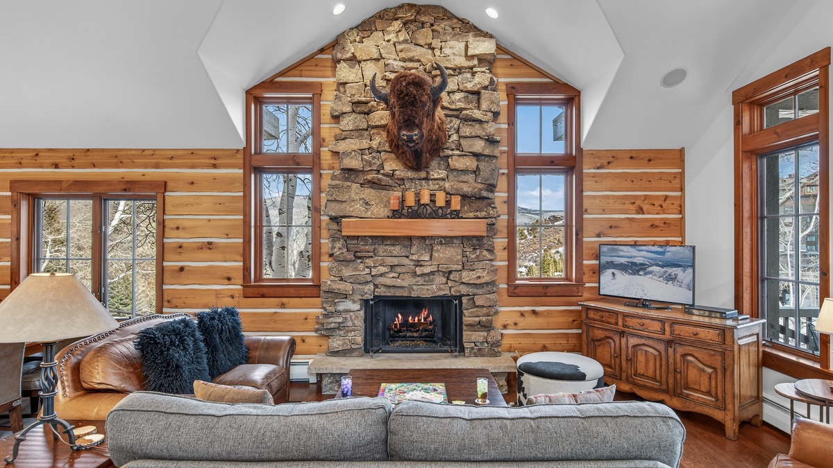 Living area with fireplace and views