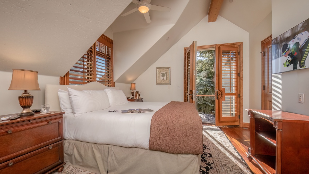 Bedroom 3, Upper Level - King bedroom with vaulted ceiling and private balcony access