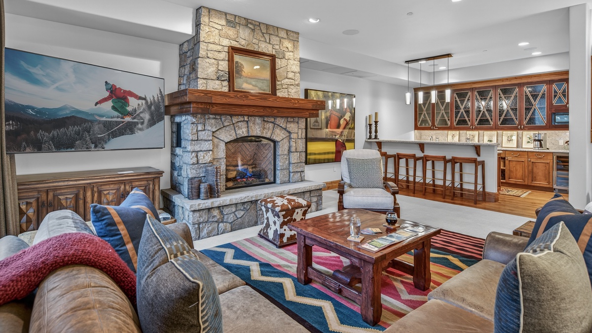 Family Room, Lower Level - With stone fireplace