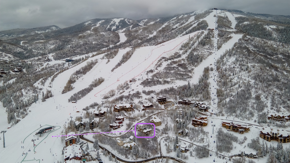 Winter aerial of Valley View Retreat and Steamboat Resort - Walk-to-ski view