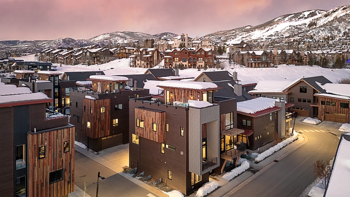 Aerial winter view of Capitol House and proximity to mountain resort