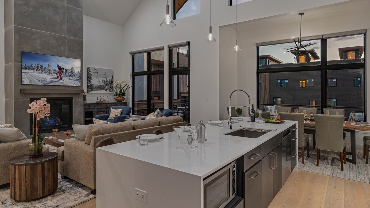 Kitchen, Main Level, Uptown House - Looking into great room and deck access