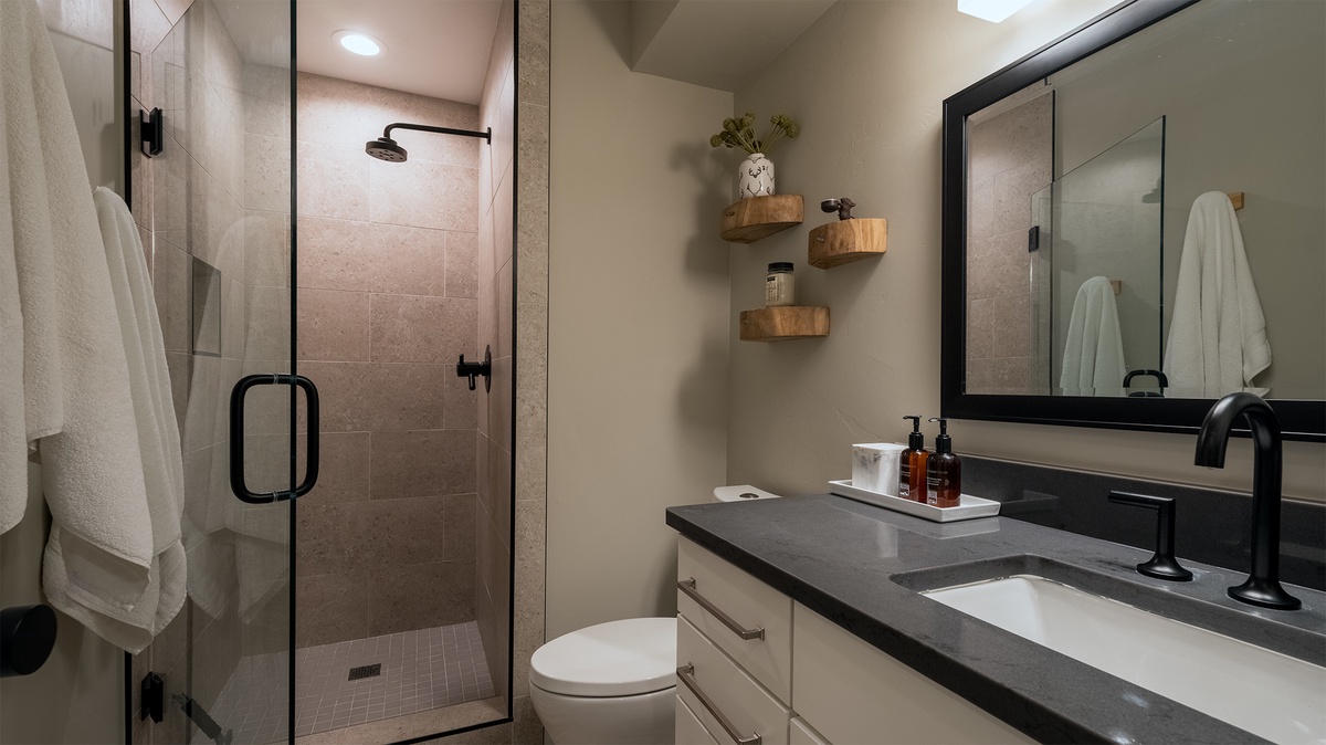 Full bathroom, Lower Level - Single vanity and walk-in shower