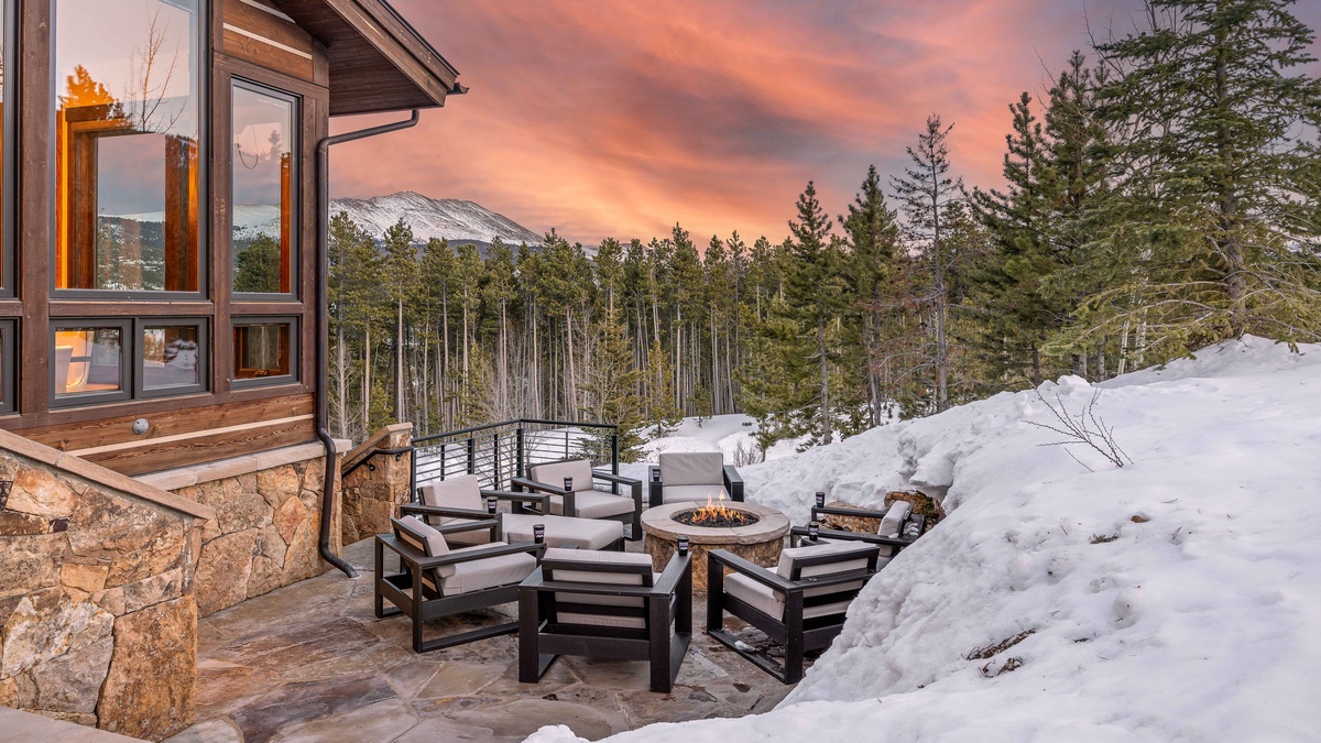 Gas firepit and snowy views