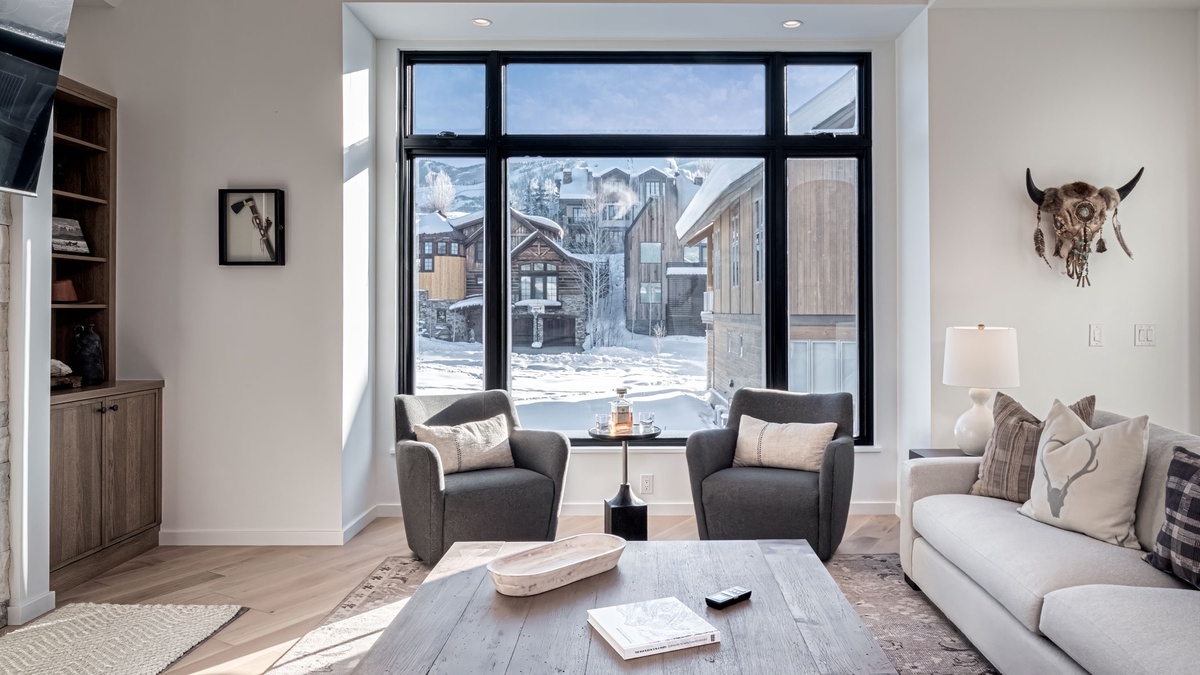 Great Room, Upper Level - Seating area with mountain views through large windows