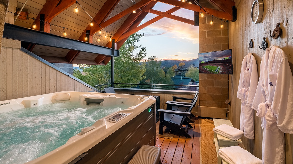 Hot Tub, Uppermost Level Deck - Private hot tub with mountain views
