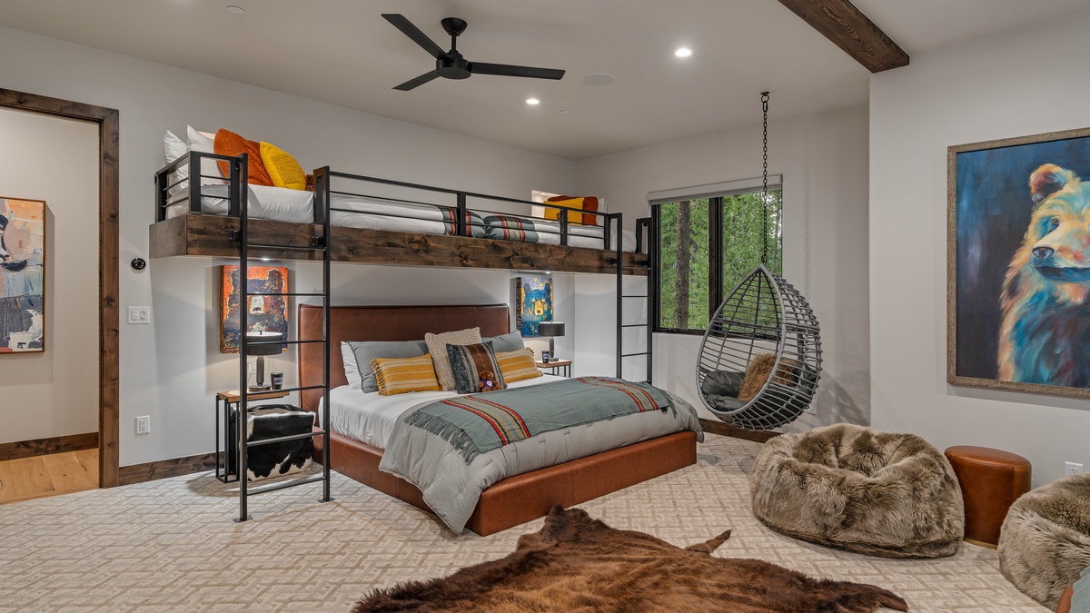 Bedroom 2, Lower Level - Fun and colorful bunk room on lower level, with two bunk beds - both with two twin beds over a king bed, sleeping 8 people