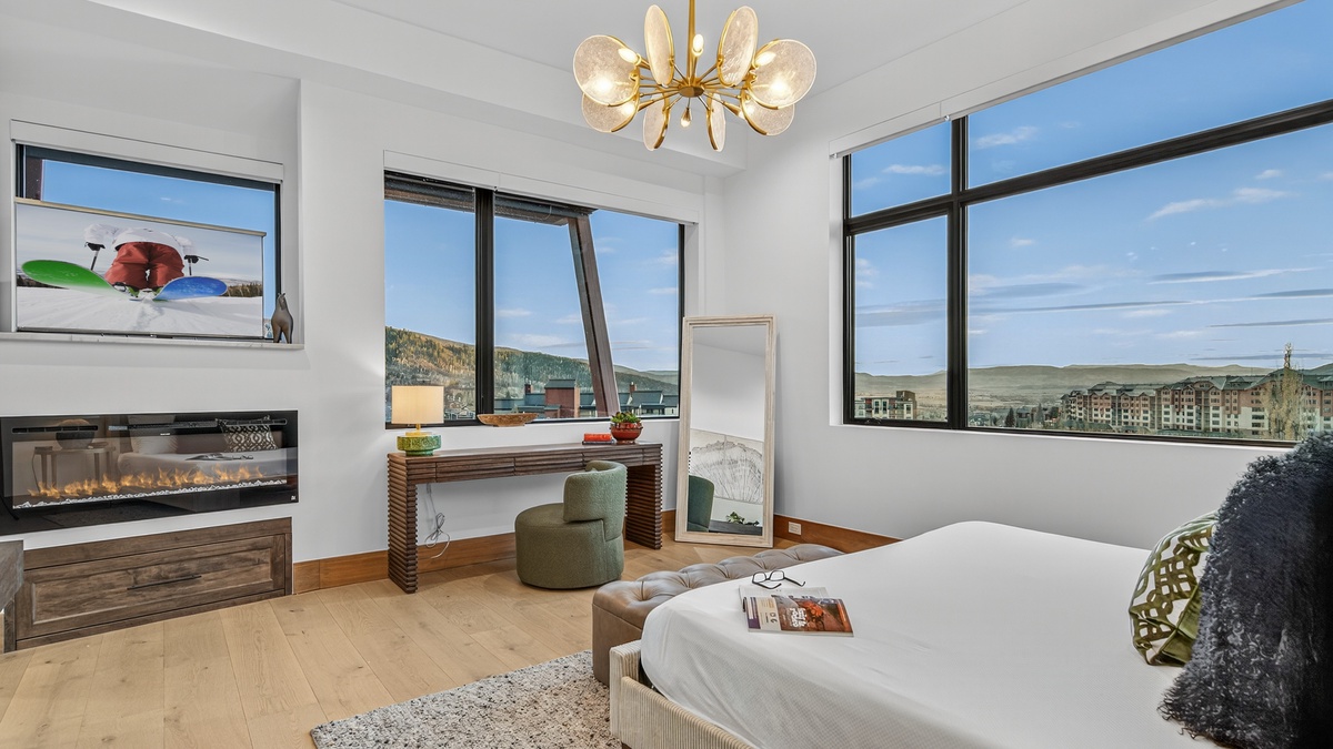 Bedroom 1, Main Level - Nocturne View, primary king suite with fireplace and scenic mountain views